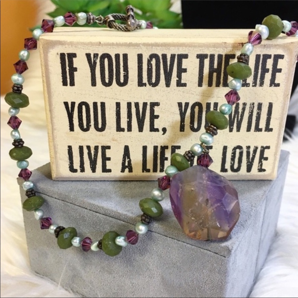 Artisan Fluorite, Pearl and Jade Sterling Necklace - Picture 1 of 8